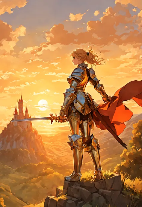 Young woman in medieval metal armor, lifting a sword toward the sky, near a faraway castle at sunset. overlooking a valley, art ...