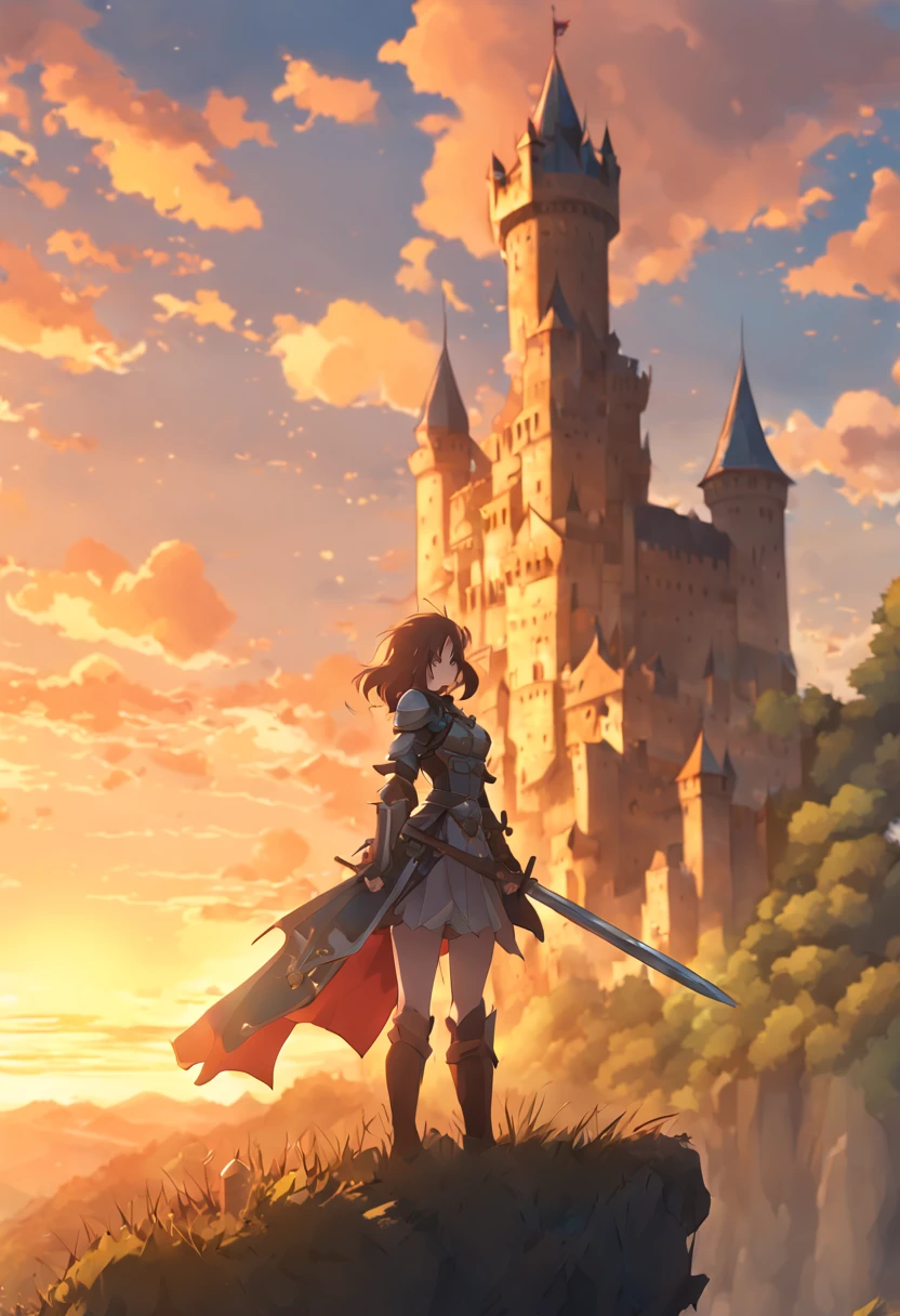 Mulher jovem em armadura de metal medieval, levantando uma espada em direção ao céu, perto de um castelo distante ao pôr do sol. Com vista para um vale, arte de anime, estilo anime, chave visual, vibrante, Anime de estúdio, Altamente detalhado