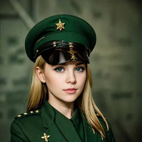 marie , blonde hair , green eyes , bc freedom military uniform, hat ,