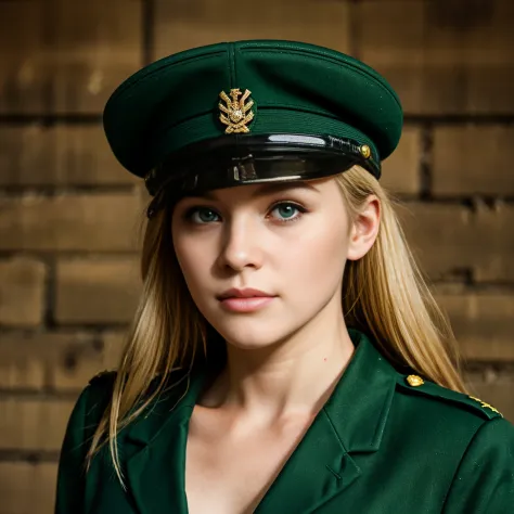 marie , blonde hair , green eyes , bc freedom military uniform, hat ,