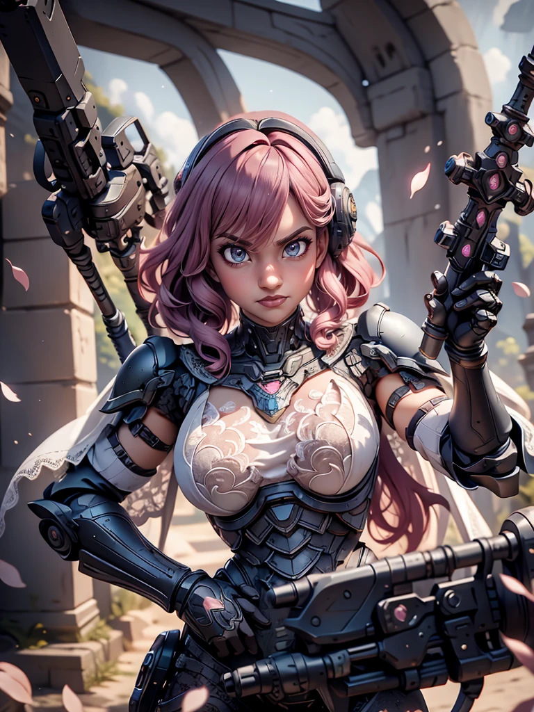 absurdres, intricate details, masterpiece, best quality, high resolution, 8k, 1girl, (lac34rmor, lace power armor, huge weapon:1.2), cape, looking at viewer, fighting stance, angry, 1girl, (detailed face, grey eyes, pink hair, eye reflection, blue necklace, outdoorull body:0.7), detailed background, cinematic lighting, fantasy background, flying pink petals everywhere, blurry background