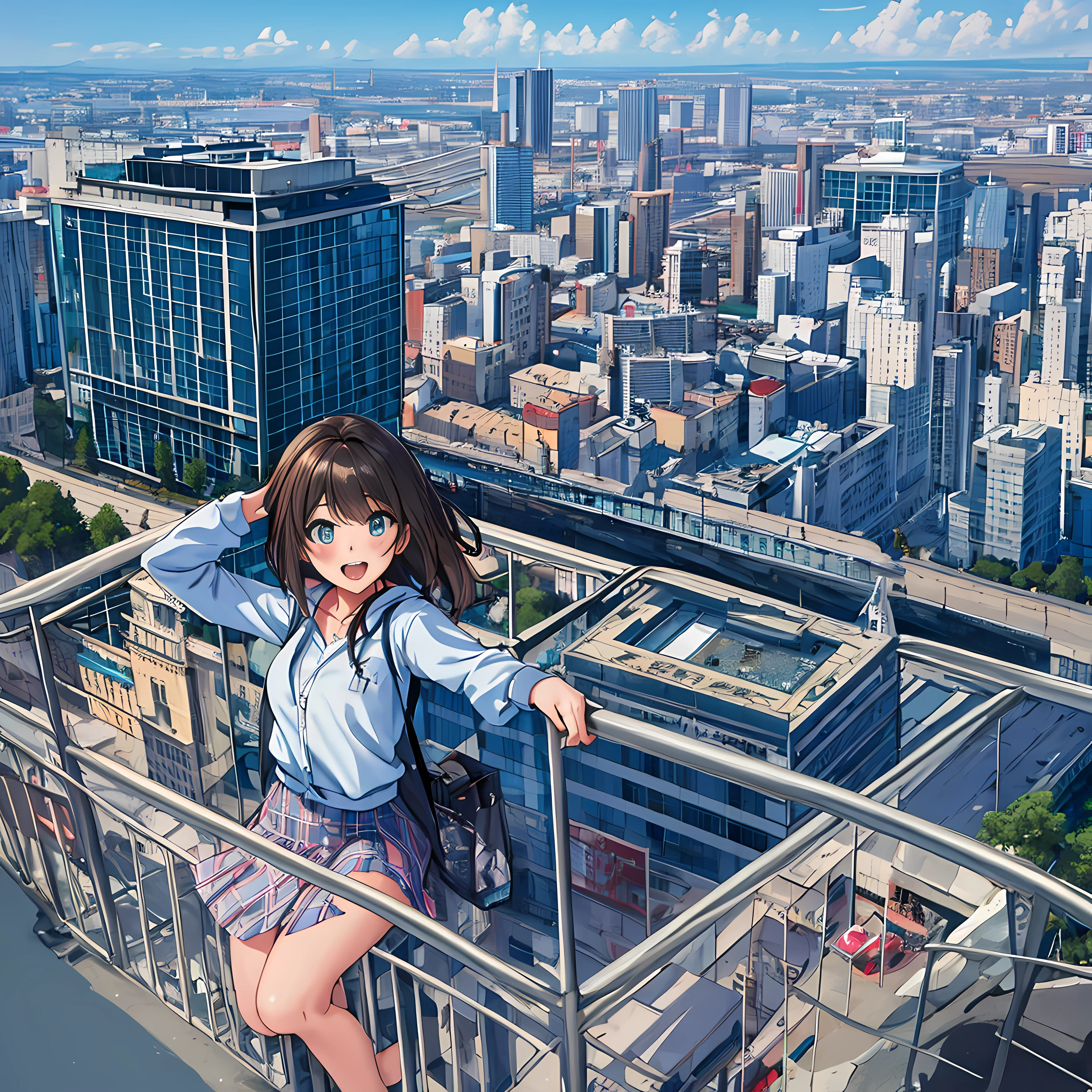 (masterpiece:1.2) (best quality) (detailed) (intricate) (8k) (HDR) (wallpaper) (cinematic lighting) (sharp focus),1girl, building, chain-link_fence, fence, skyscraper, cityscape, ferris_wheel, blue_sky, city, racket, sky, blush, tennis_racket, skyline, rooftop, architecture, smile, day, east_asian_architecture, lens_flare, tower, bridge, house, open_mouth, real_world_location, Abigail