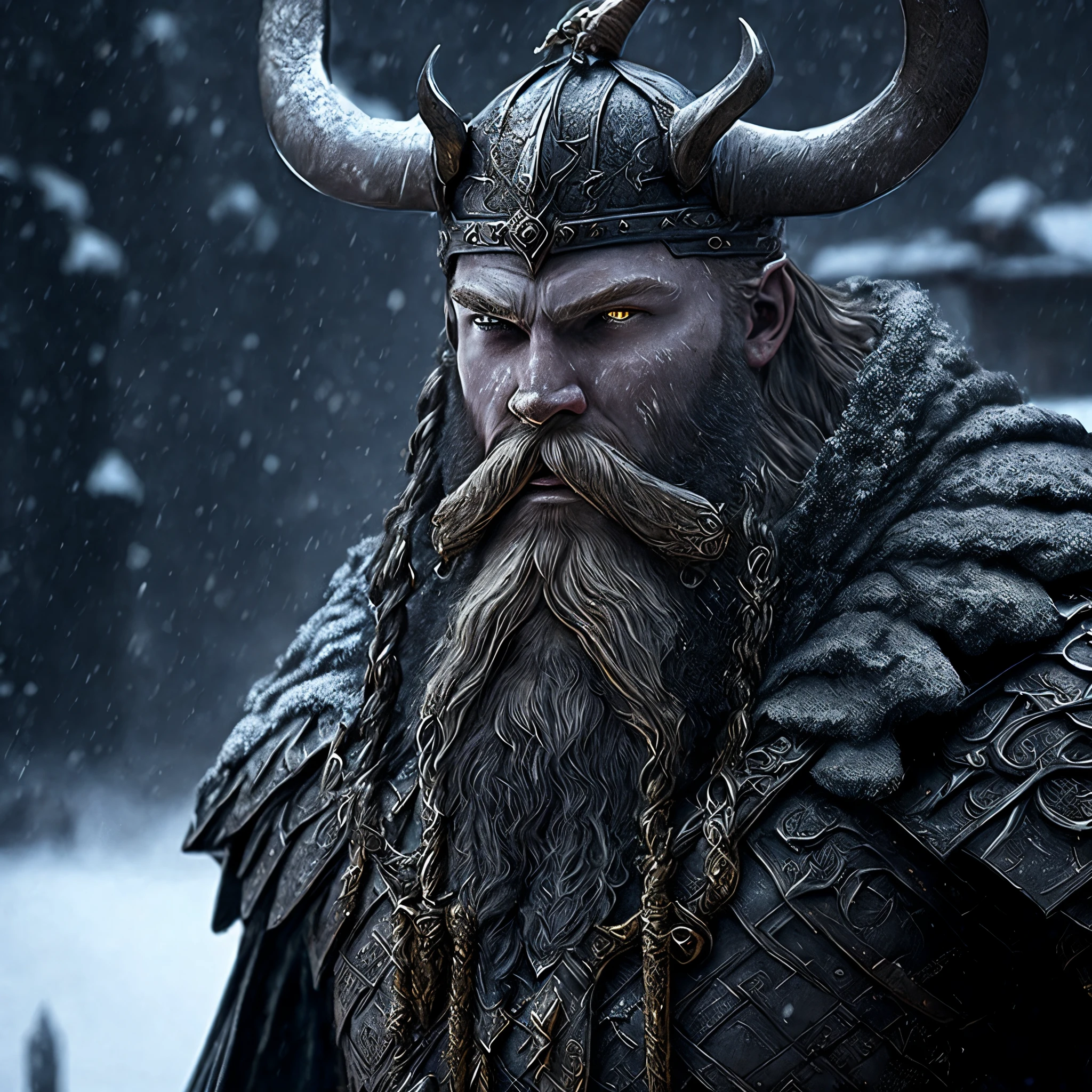 Close-up (viking made of iron from Marvel in goth style: 1.3) emerging from the scary Victorian ages, snow storm, well detailed, volumetric light