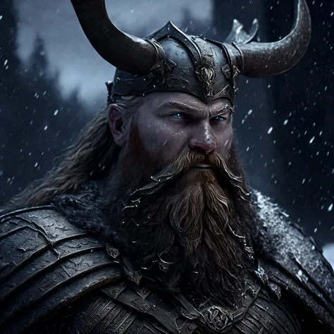Close-up (viking made of iron from Marvel in goth style: 1.3) emerging from the scary Victorian ages, snow storm, well detailed,...