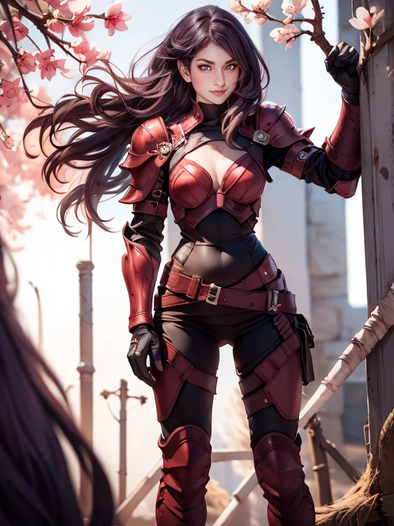 The most beautiful and sexy ninja warrior princess, brown hair, pink eyes, wearing highly detailed white battle armor, tons of tattoos and piercings, blood splattered, cherry blossoms blowing in the wind, highly detailed background, perfect masterpiece, high quality, high resolution, fantasy scenario
