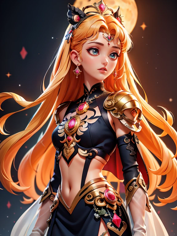 (best quality, highres), Medieval Sailor Moon, Usagi, beautiful detailed eyes, beautiful detailed lips, long blonde hair, warrior, moon symbol, magical scepter, golden tiara, flowing cape, confident posture, moonlit night, enchanted forest, mystical aura, ancient castle, moonlight shining through stained glass windows, vibrant colors, dreamlike atmosphere, ethereal beauty, soft and warm lighting, LnF