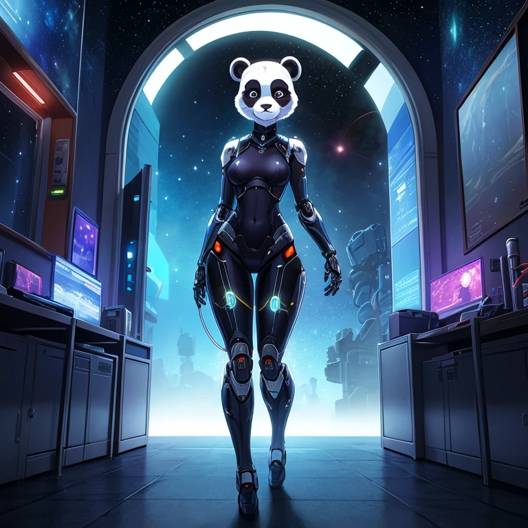 female, furry, metallic, robotic, android, robotic limbs,  anthro, panda, no clothes, small breasts, thin body, curved thighs, standing in hallway, legs spread, in front of window, science fiction, stars, galaxy, star ships, at night, dim light, high quality, masterpiece,