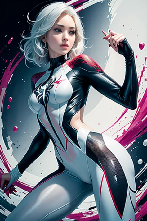 spider gwen, hot, partial , hightquality, dynamic poses, beautiful, gorgeous, in love, white hair, short suit, spider in a suit,...