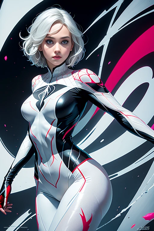 spider gwen, Hot, partial , hightquality, Dynamic Poses, Beautiful, Gorgeous, In love, White hair, Short suit, spider in a suit, white black red suit、Jennifer Lawrence