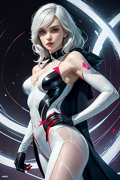 spider gwen, Hot, partial , hightquality, Dynamic Poses, Beautiful, Gorgeous, In love, White hair, Short suit, spider in a suit, white black red suit、Natalie portman