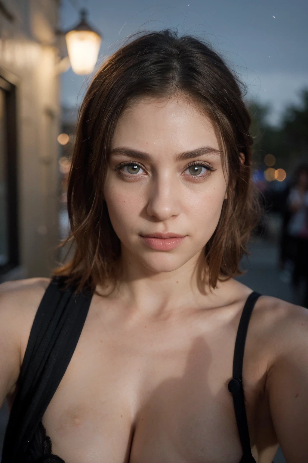 A close up of a woman with a black top and a light - SeaArt AI