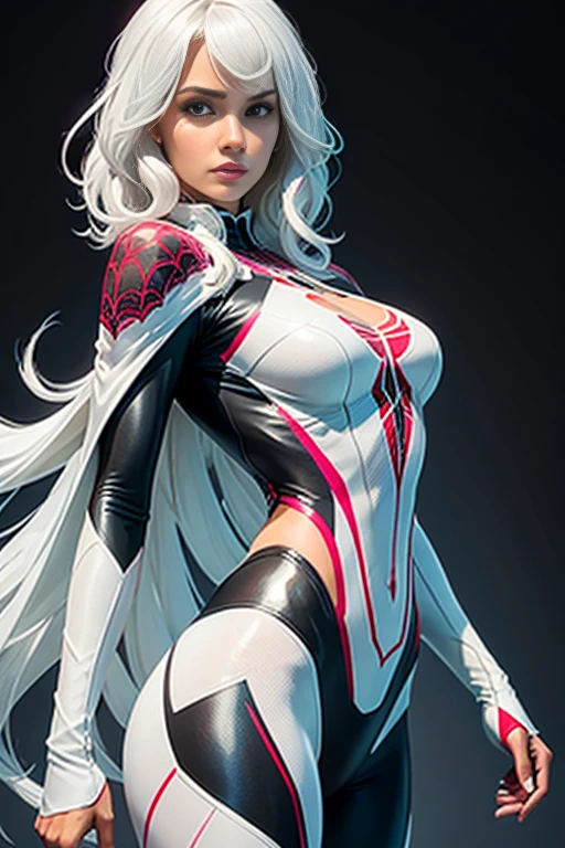 spider gwen, Hot, partial , hightquality, Dynamic Poses, Beautiful, Gorgeous, In love, White hair, Short suit, spider in a suit, white black red suit、Halle Berry