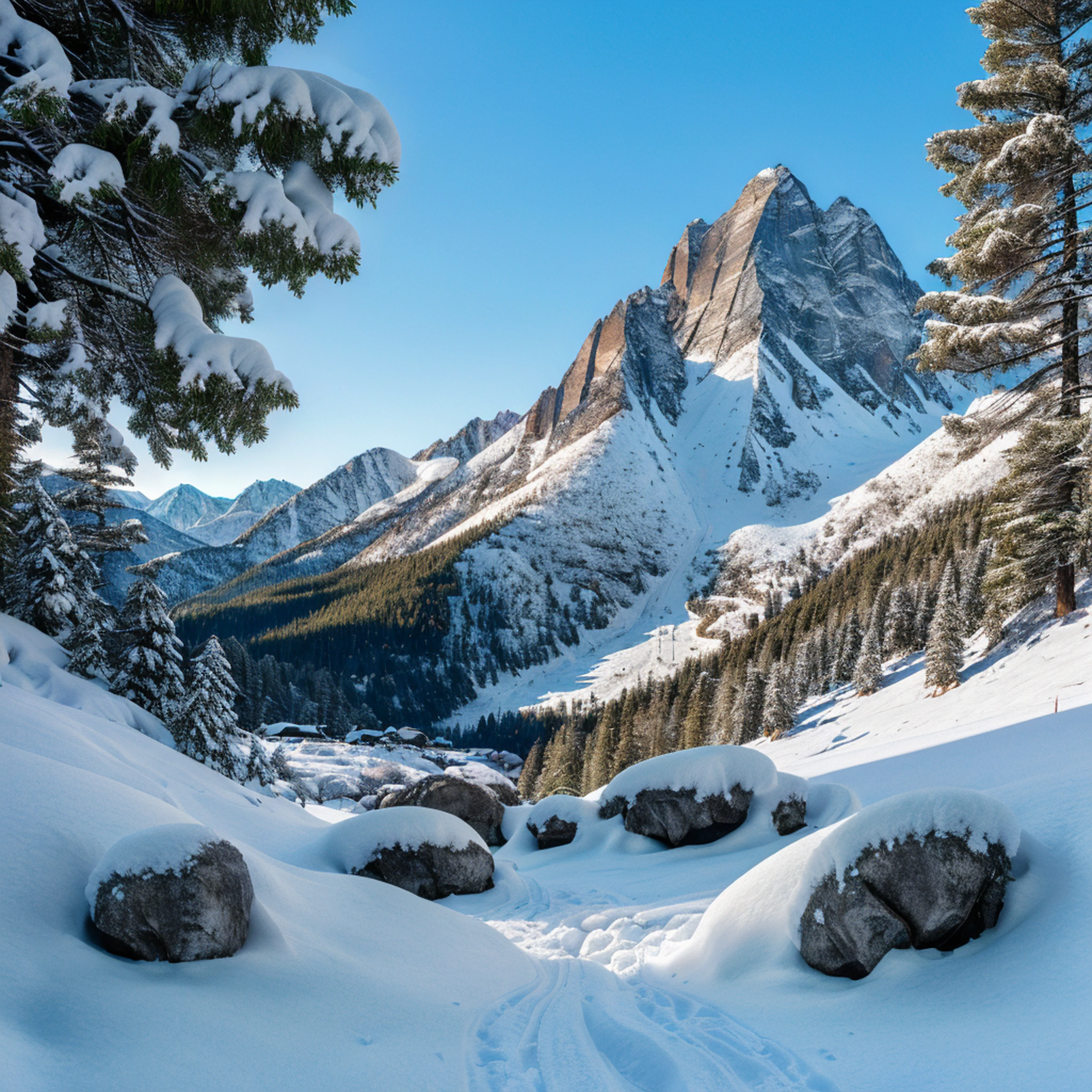 landscape of a mountain valley, ((pines at the foot of the mountains)), ((snow on the peak of the mountains)), cinematic, 8k, detailed, realistic, octane render, (((intricate details)), hdr, ((intricate details, hyperdetailed)), photorealistic, ultrarealistic, realistic shadows, realistic lighting