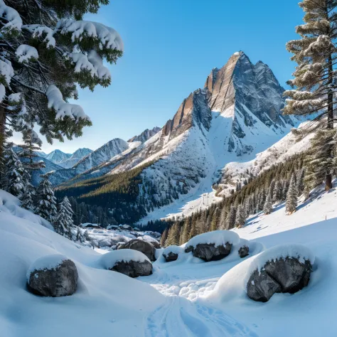 landscape of a mountain valley, ((pines at the foot of the mountains)), ((snow on the peak of the mountains)), cinematic, 8k, de...