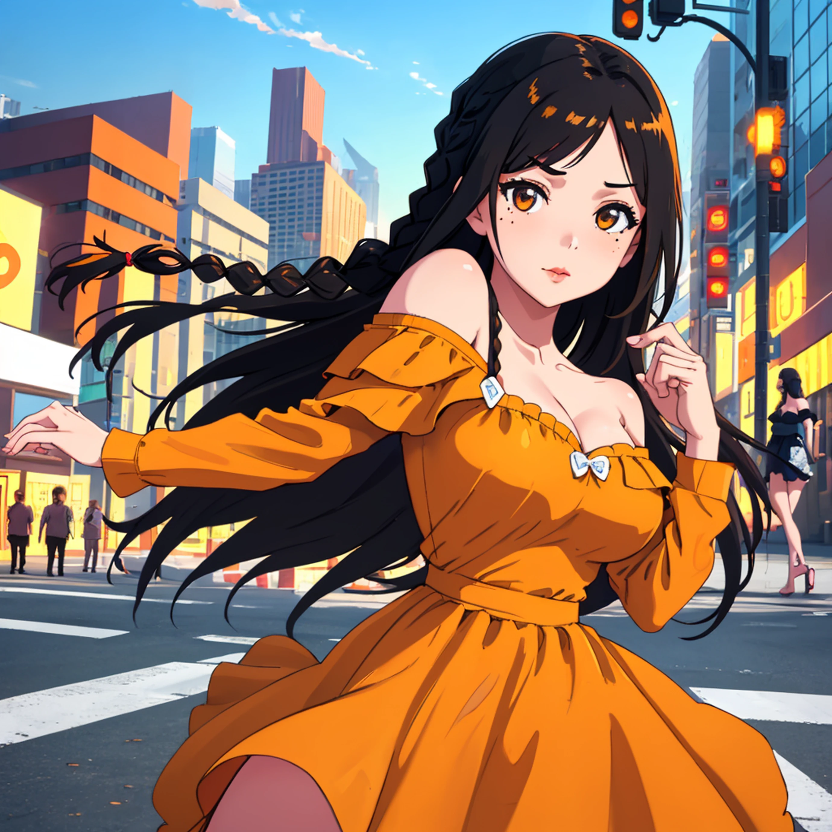 a woman posing on the street corner with orange dress on, best quality, 1girl, large breast, day, bright, blur background, bokeh, outdoor, (street:0.8), (people, crowds:0.8), (off-shoulder dress:1.2), gorgeous, (braided bangs:1.2), beautiful detailed sky, (dynamic pose:1.2), soft lighting, wind, shiny skin, (upper body:0.8), (freckles:0.8), mole under mouth,