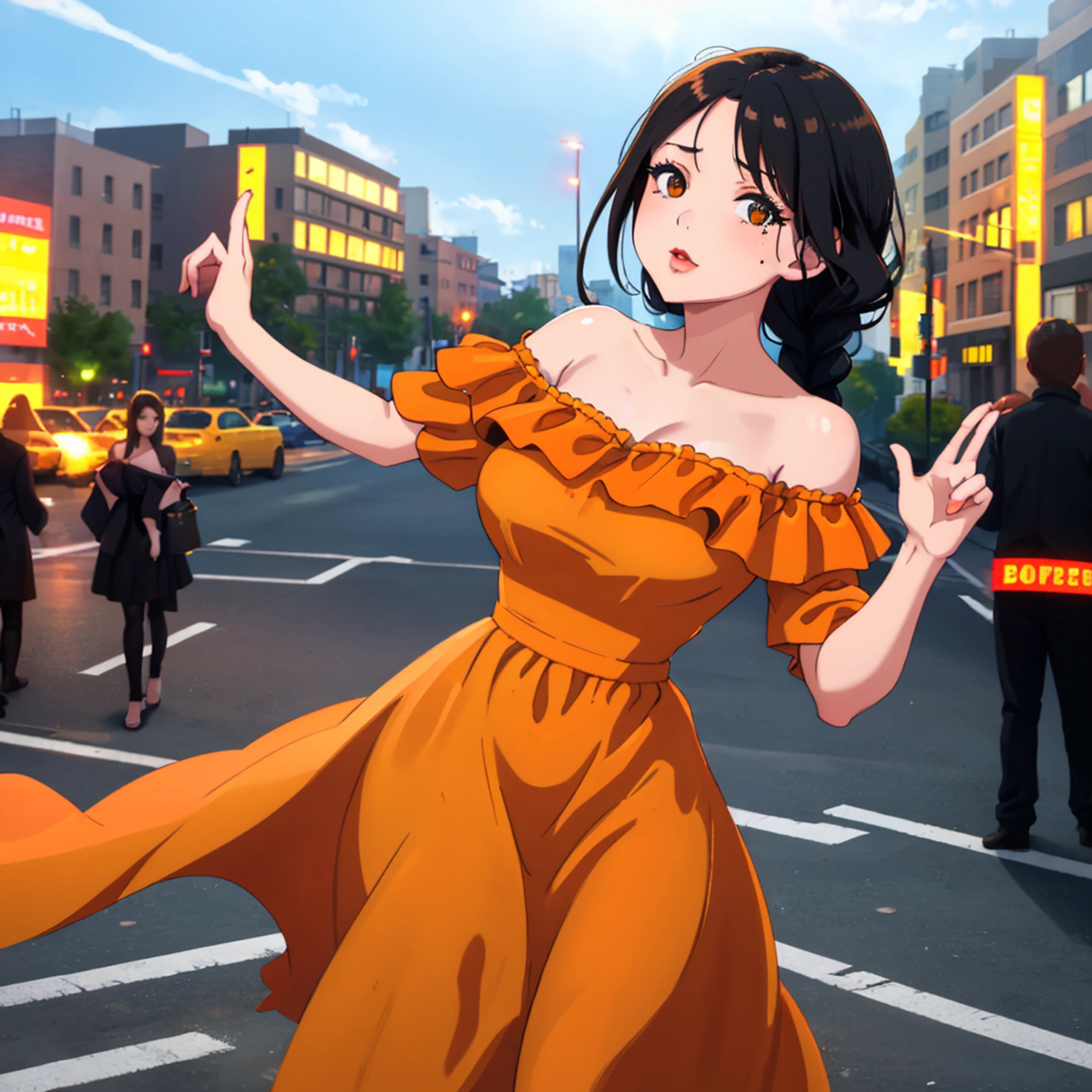 a woman posing on the street corner with orange dress on, best quality, 1girl, large breast, day, bright, blur background, bokeh, outdoor, (street:0.8), (people, crowds:0.8), (off-shoulder dress:1.2), gorgeous, (braided bangs:1.2), beautiful detailed sky, (dynamic pose:1.2), soft lighting, wind, shiny skin, (upper body:0.8), (freckles:0.8), mole under mouth,