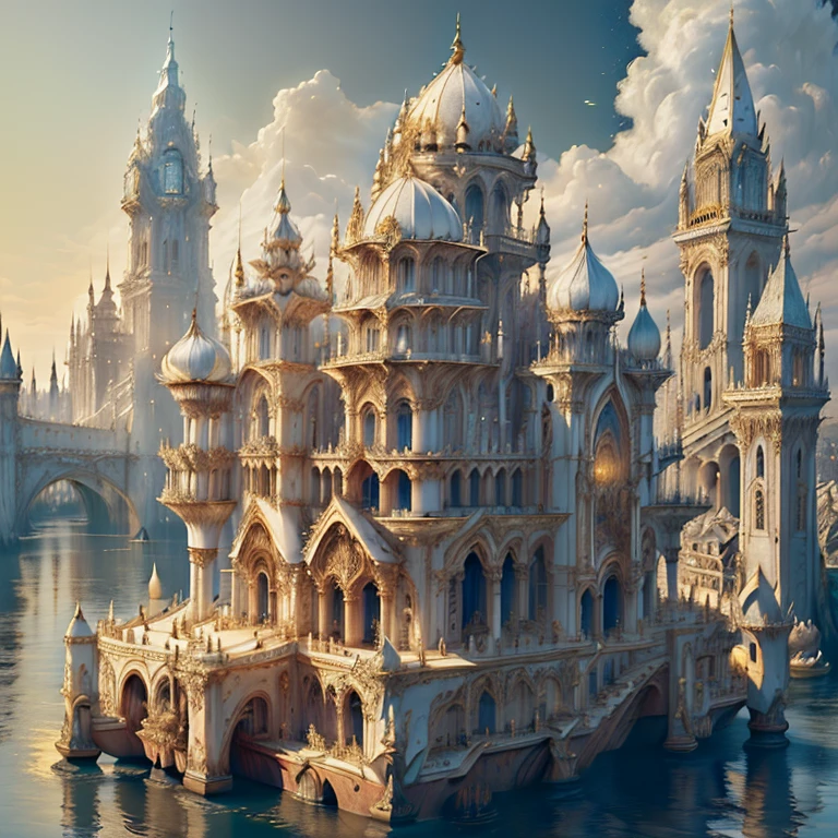 ((((Masterpiece)), Ivory Gold AI City at Night, Isometric, 3D rendering, Very high definition, High detail, There is a big clock on a plate in the water, gorgeous spaceship painting, 4K highly detailed digital art, gorgeous gilded space machine, golden steampunk city atmosphere, fantasy. gondola boat, shocking fantasy 3d rendering, futuristic persian palace, fantasy highly detailed, beautiful detailed fantasy, futuristic palace, detailed fantasy digital art, magic fantasy highly detailed