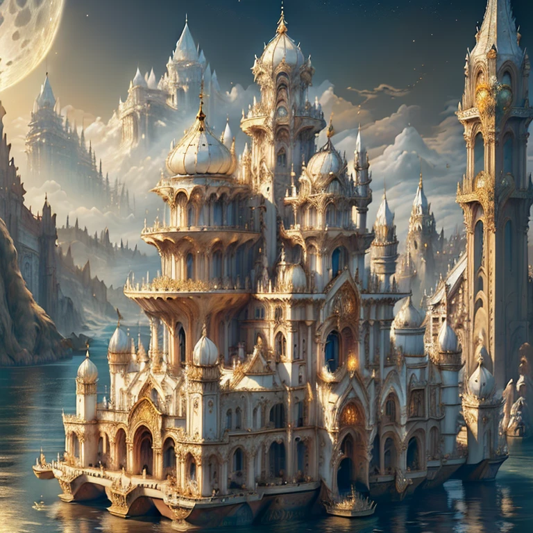 ((((Obra maestra)), Ciudad de IA de oro marfil en la noche, isométrico, Representación 3D, Muy alta definición, alto detalle, Hay un gran reloj en un plato en el agua., hermosa pintura de nave espacial, Arte digital 4k muy detallado, Preciosa máquina espacial dorada, atmósfera dorada de la ciudad steampunk, Fantasía. barco góndola, shocking Fantasía 3d rendering, futuristic persian palace, Fantasía highly detailed, beautiful detailed Fantasía, futuristic palace, detailed Fantasía digital art, magic Fantasía highly detailed