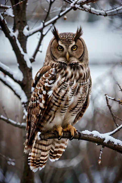 An owl perched on a branch, wintertime.