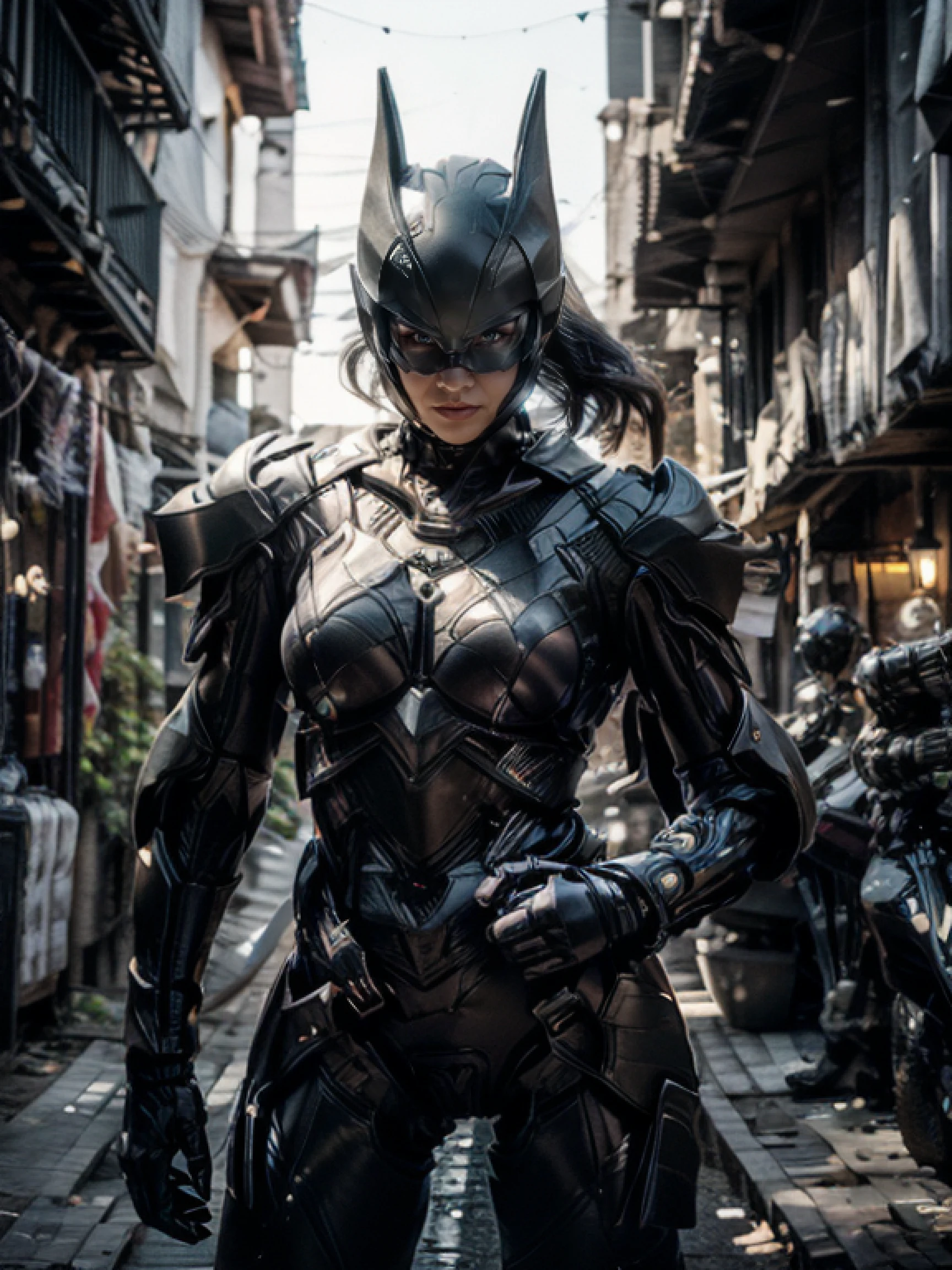 absurdres, 1woman, (at night:1.4), dark alley, moon, BREAK grey (android (batgirl:0.8)) in (matte black hardsuit:1.2), military, roughed up, mechanical arms, city fog, (glowing white eyes), niji, suit, armor, bokeh, blur,  (8k, RAW photo, best quality, masterpiece: 1.2), (realistic: 1.6),