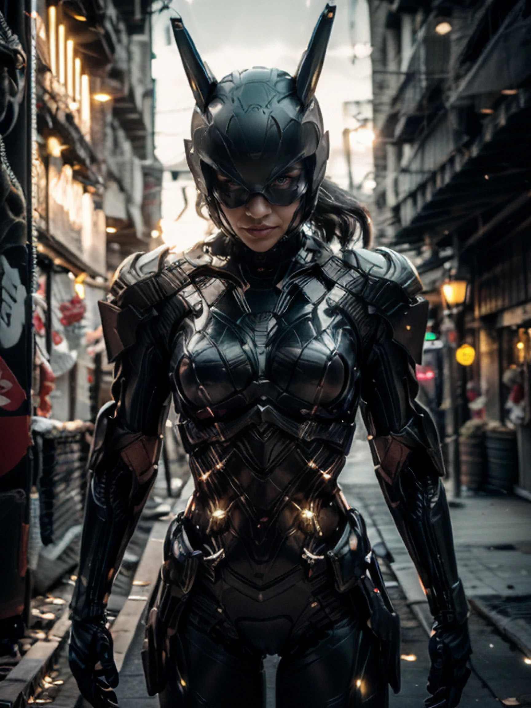 absurdres, 1woman, (at night:1.4), dark alley, moon, BREAK grey (android (batgirl:0.8)) in (matte black hardsuit:1.2), military, roughed up, mechanical arms, city fog, (glowing white eyes), niji, suit, armor, bokeh, blur,  (8k, RAW photo, best quality, masterpiece: 1.2), (realistic: 1.6),
