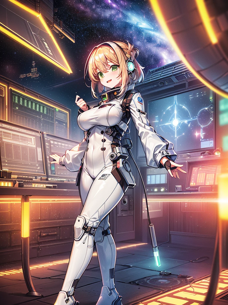 ​masterpiece:1.4, 1girl in ((20yr old, Wearing a tight, futuristic metallic white bodysuit,long boots, huge-breasted, Colorful blonde hair, Chignon,short-hair, Perfect model body, Green eyes:1.4, Wearing headphones, Flirting, Happy,  Looking out the window of the futuristic sci-fi space station、While admiring the beautiful galaxy:1.2, SFSF control room on night background:1.1, Neon and energetic atmosphere:1.2)) ((Galaxy)) ((Solo:1.6))