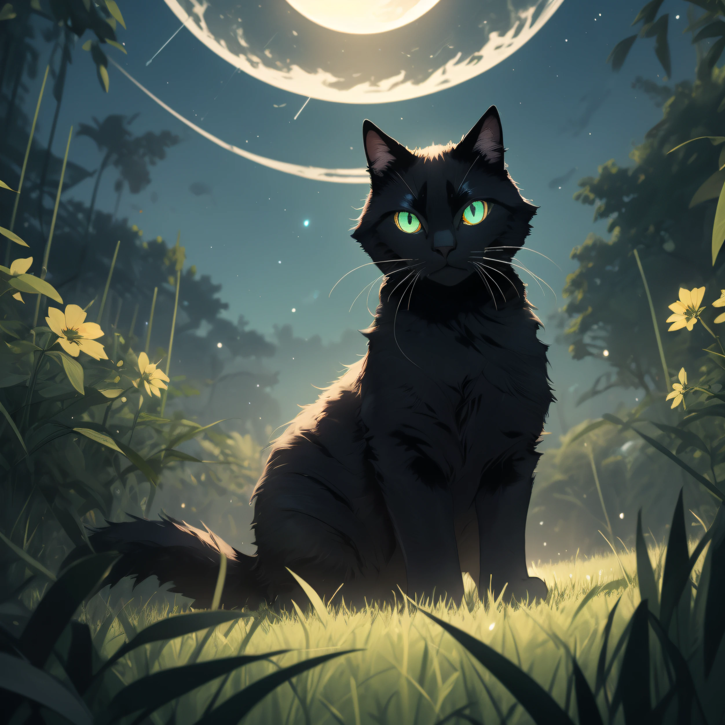 draw a cute fluffy dark dark green shining cat w huge and big and large and cute shining and glowing in a dark light lime green eyes, behind dark green tall grass with only one big huge bright light yellow moon in the center of whole scene as a background with darker background behind moon dark sky night time during night