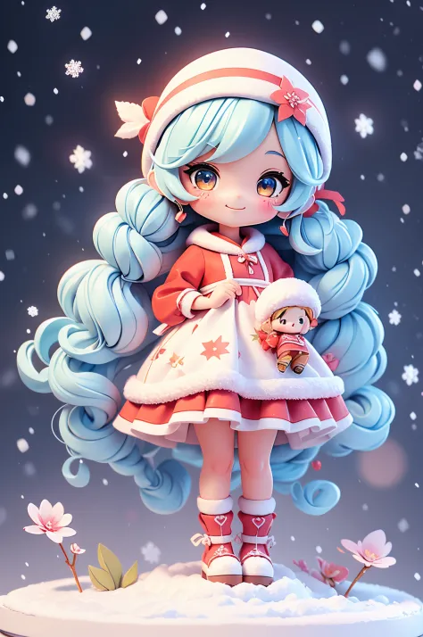 photoRealstic、Doll standing in front of the painting（nendroid）、Red and white Santa Claus costume、Light blue long hair、Twin-tailed、adorable smiling、In a cute pose、((Snowy landscape in the background)).With cute reindeer、watercolor Nendoroid、(High Definition...