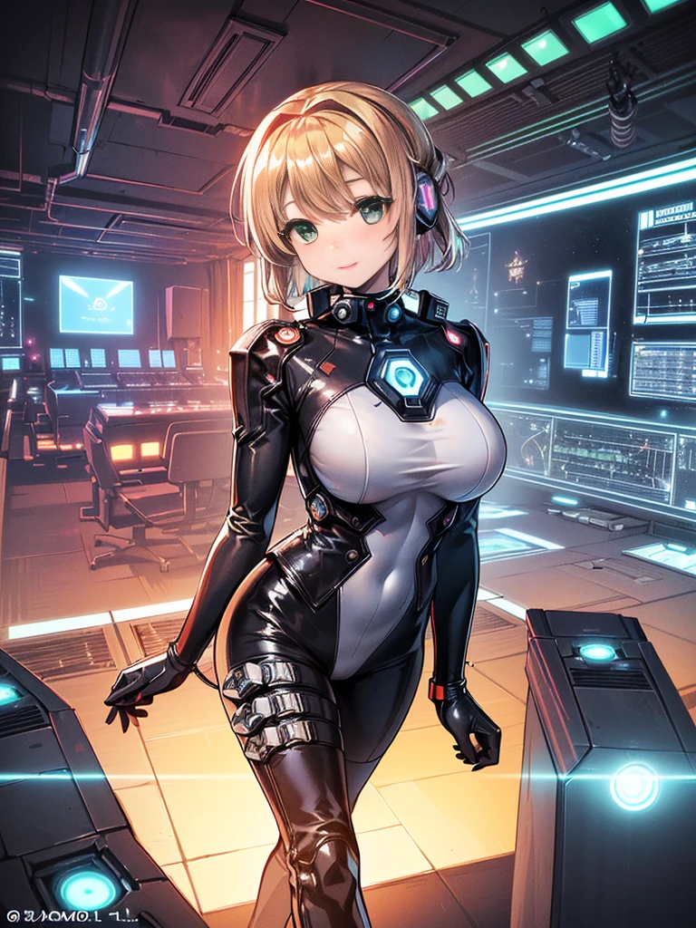 ​masterpiece:1.4, 1girl in ((20yr old, Wearing a tight, Futuristic metallic gray cyberpunk bodysuit,long boots, huge-breasted, Colorful blonde hair, Chignon,short-hair, Perfect model body, Green eyes:1.4, Wearing headphones, Flirting, Happy,  Looking out the window of the futuristic sci-fi space station、While admiring the beautiful galaxy:1.2, SFSF control room on night background:1.1, Neon and energetic atmosphere:1.2)) ((Galaxy)) ((Solo:1.6))