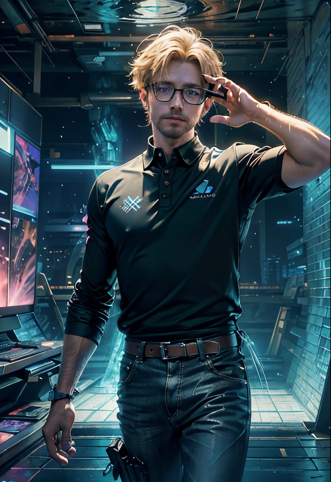 PERFECT MASTERPIECE, EXTREMELY DETAILED CG UNITY 32K UHD QUALITY RESOLUTION, RAW PHOTO, AWARD-WINNING PORTRAIT, OFFICIAL ART, PHOTOREALISTIC, PHOTOGENIC CLARITY, HYPER-REALISTIC, HYPER-DETAILED, The most handsome and dashing businessman, short blonde hair, vibrant moonlight eyes, chiselled jaw, wearing glasses polo shirt and khakis, pointing at futuristic holographic screens conducting a business presentation, confident excited and intrigued facial expression, ((hyper futuristic holographic matrix style coding illuminating from the holographic screens 1.3))((corporate business office background, perfect vibrant primary blue, neutral ivory, neutral navy and accent green color theme, perfect color scheme 1.3))