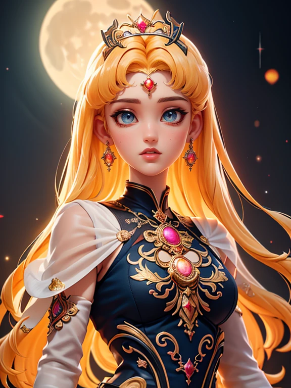 (best quality, highreedieval Sailor Moon, Usagi, beautiful detailed eyes, beautiful detailed lips, long blonde hair, warrior, moon symbol, magical scepter, golden tiara, flowing cape, confident posture, moonlit night, enchanted forest, mystical aura, ancient castle, moonlight shining through stained glass windows, vibrant colors, dreamlike atmosphere, ethereal beauty, soft and warm lighting, LnF