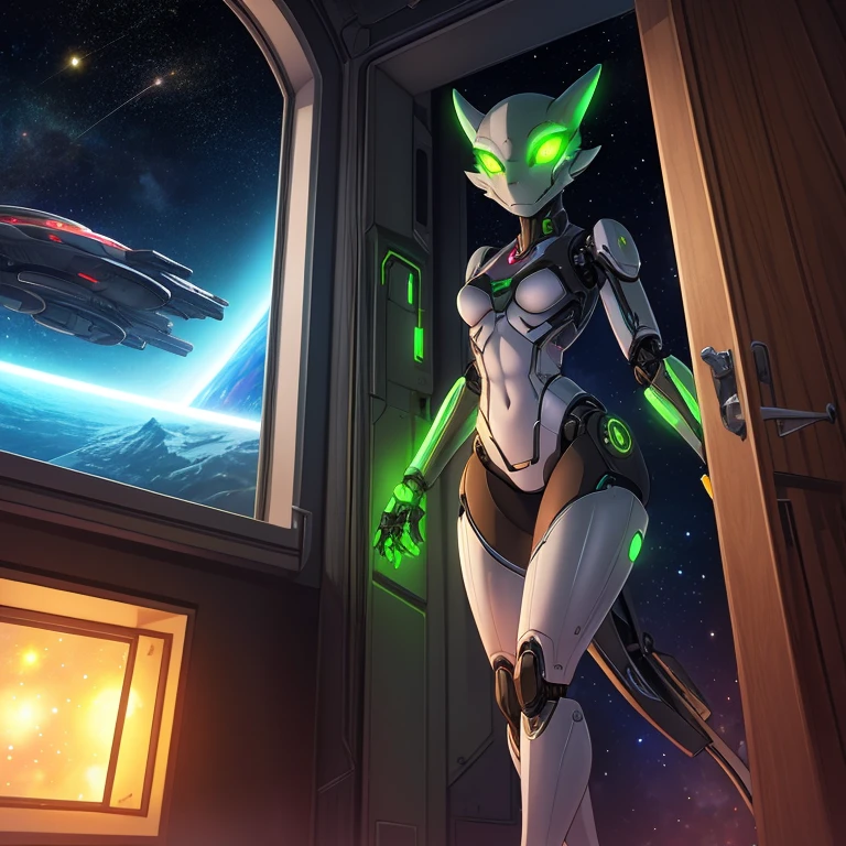 female, furry, metallic, robotic, android, robotic limbs, anthro, kobold, black and green, glowing eyes, no clothes, small breasts, thin body, curved thighs, standing in hallway, legs spread, in front of window, science fiction, stars, galaxy, star ships, at night, dim light, high quality, masterpiece,