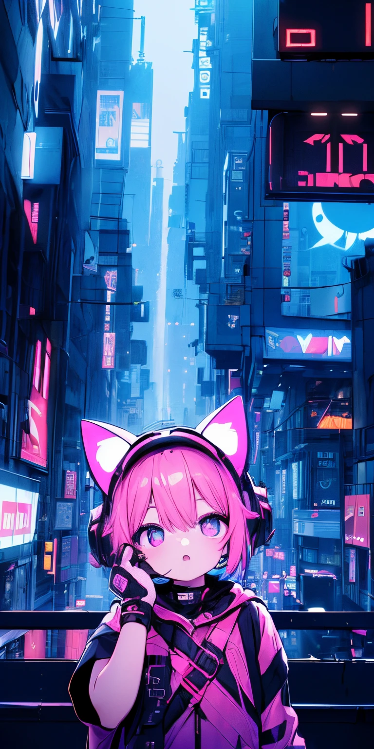 (top-quality)、((​masterpiece)、cyberpunked、Electronic visor attached to the face of a 12-year-old cat like girl looking out at the city from the roof of a building、Cyberpunk Fashion、hand on head、Exposed skin、Neon lights in dark city at night