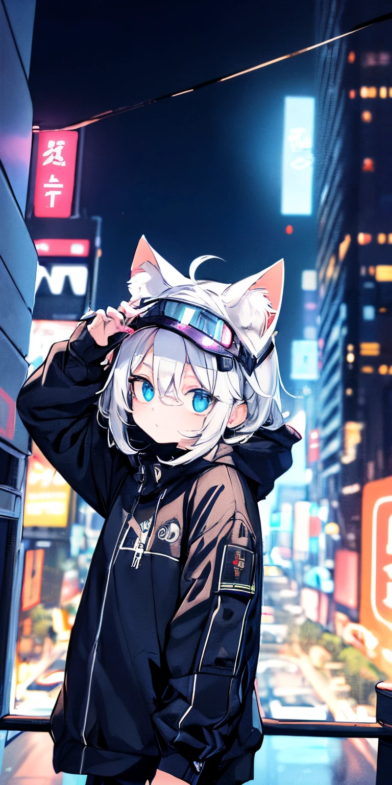 (top-quality)、((​masterpiece)、cyberpunked、Electronic visor attached to the face of a 12-year-old cat like girl looking out at the city from the roof of a building、Cyberpunk Fashion、hand on head、Exposed skin、Neon lights in dark city at night