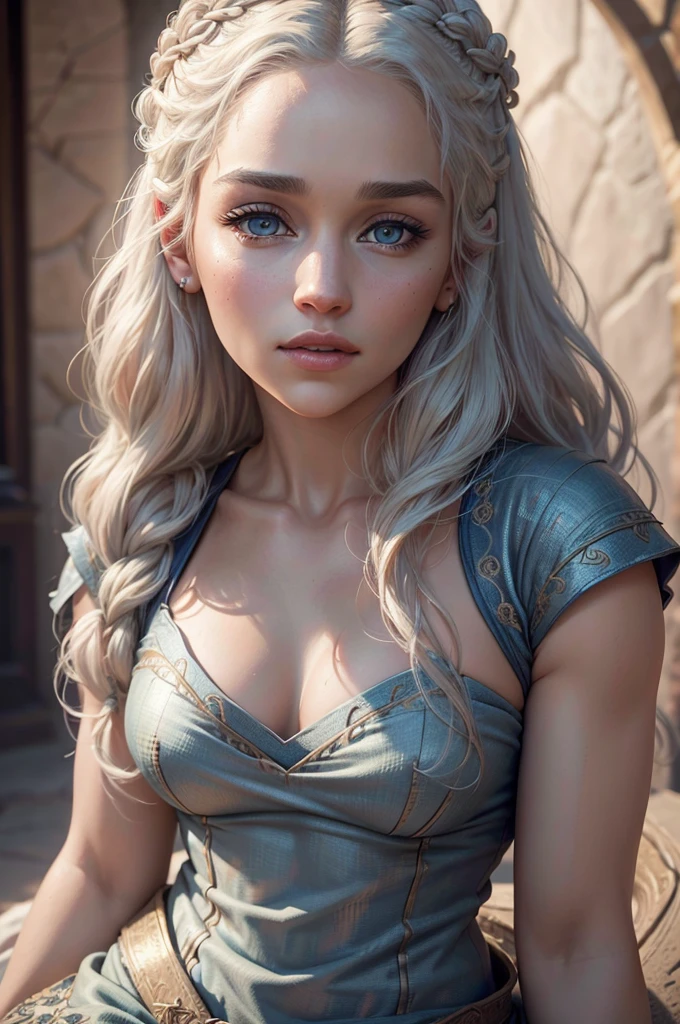 (beste Qualität,4k,highres,Meisterwerk:1.2),ultra-detailliert,(realistisch,photorealistisch,photo-realistisch:1.37),Daenerys Targaryen portrait,Schöne, detaillierte Augen,schöne detaillierte Lippen,extrem detaillierte Augen und Gesicht,lange Wimpern,hinreißende Frau,selbstbewusster Ausdruck,weiche Hauttöne,aufwendig geflochtenes blondes Haar, das ihr über den Rücken fällt,fließendes blaues Kleid,hellblaue Augen,scharfer Fokus,atemberaubend lebendige Farben,Low-Key-Beleuchtung,Mysteriöse Atmosphäre, mit großem Drachen