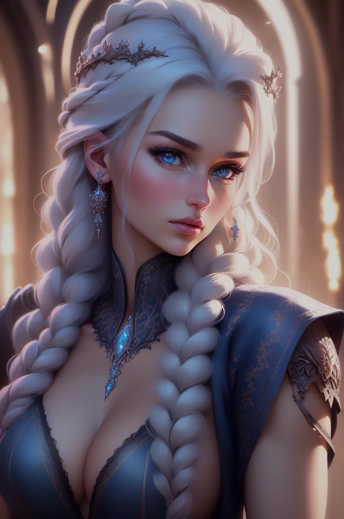 (beste Qualität,4k,highres,Meisterwerk:1.2),ultra-detailliert,(realistisch,photorealistisch,photo-realistisch:1.37),Daenerys Targaryen portrait,Schöne, detaillierte Augen,schöne detaillierte Lippen,extrem detaillierte Augen und Gesicht,lange Wimpern,hinreißende Frau,selbstbewusster Ausdruck,weiche Hauttöne,aufwendig geflochtenes blondes Haar, das ihr über den Rücken fällt,fließendes blaues Kleid,hellblaue Augen,scharfer Fokus,atemberaubend lebendige Farben,Low-Key-Beleuchtung,Mysteriöse Atmosphäre, mit Drachenillustration