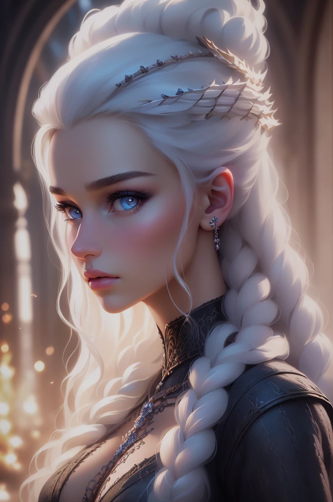 (Meilleure qualité,4k,haute résolution,chef-d&#39;œuvre:1.2),ultra-détaillé,(Réaliste,photoRéaliste,photo-Réaliste:1.37),Portrait de Daenerys Targaryen,Beaux yeux détaillés,belles lèvres détaillées,yeux et visage extrêmement détaillés,long cils,femme splendide,expression confiante,tons chair doux,des cheveux blonds tressés élaborés coulant le long de son dos,Robe bleue fluide,yeux bleu clair,netteté,des couleurs incroyablement vibrantes,éclairage discret,atmosphère mystérieuse, avec illustration de dragons