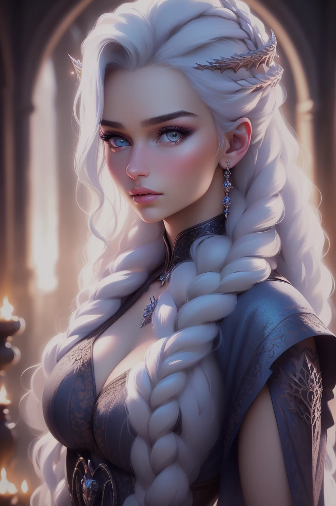 (beste Qualität,4k,highres,Meisterwerk:1.2),ultra-detailliert,(realistisch,photorealistisch,photo-realistisch:1.37),Daenerys Targaryen portrait,Schöne, detaillierte Augen,schöne detaillierte Lippen,extrem detaillierte Augen und Gesicht,lange Wimpern,hinreißende Frau,selbstbewusster Ausdruck,weiche Hauttöne,aufwendig geflochtenes blondes Haar, das ihr über den Rücken fällt,fließendes blaues Kleid,hellblaue Augen,scharfer Fokus,atemberaubend lebendige Farben,Low-Key-Beleuchtung,Mysteriöse Atmosphäre, mit Drachenillustration