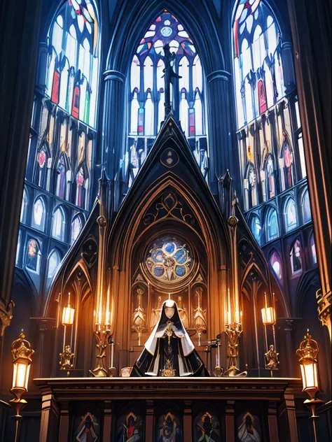 ighly detailed、inside the cyberpunk cathedral, a church that combines gothic architecture and holographic technology. a girl bis...