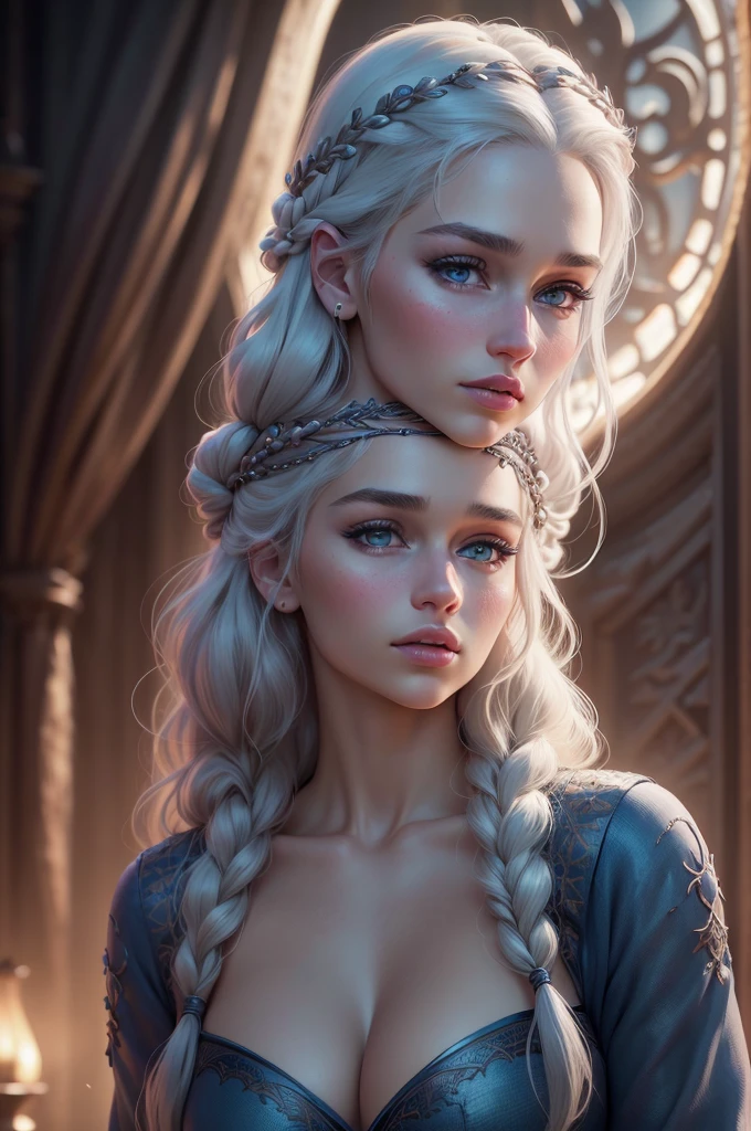 (Meilleure qualité,4k,haute résolution,chef-d&#39;œuvre:1.2),ultra-détaillé,(Réaliste,photoRéaliste,photo-Réaliste:1.37),Portrait de Daenerys Targaryen,Beaux yeux détaillés,belles lèvres détaillées,yeux et visage extrêmement détaillés,long cils,femme splendide,expression confiante,tons chair doux,des cheveux blonds tressés élaborés coulant le long de son dos,Robe bleue fluide,yeux bleu clair,netteté,des couleurs incroyablement vibrantes,éclairage discret,atmosphère mystérieuse, avec illustration de dragons