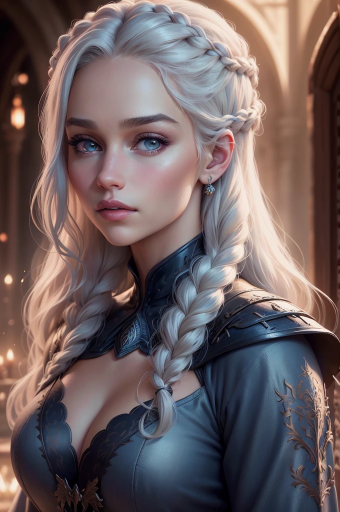 (melhor qualidade,4K,alta resolução,obra de arte:1.2),Ultra-detalhado,(realista,photorealista,photo-realista:1.37),Retrato de Daenerys Targaryen,lindos olhos detalhados,lindos lábios detalhados,olhos e rosto extremamente detalhados,cílios longos,linda mulher,expressão confiante,tons de pele suaves,cabelo loiro trançado elaborado caindo pelas costas,vestido azul fluido,olhos azuis claros,foco nitído,cores incrivelmente vibrantes,iluminação discreta,atmosfera misteriosa, com ilustração de dragões