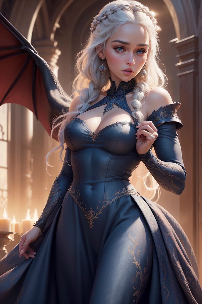 (beste Qualität,4k,highres,Meisterwerk:1.2),ultra-detailliert,(realistisch,photorealistisch,photo-realistisch:1.37),Daenerys Targaryen portrait,Schöne, detaillierte Augen,schöne detaillierte Lippen,extrem detaillierte Augen und Gesicht,lange Wimpern,hinreißende Frau,selbstbewusster Ausdruck,weiche Hauttöne,aufwendig geflochtenes blondes Haar, das ihr über den Rücken fällt,fließendes blaues Kleid,hellblaue Augen,scharfer Fokus,atemberaubend lebendige Farben,Low-Key-Beleuchtung,Mysteriöse Atmosphäre, ganzer Körper, Tanz mit Drachen ( Roter Drache ) Illustration