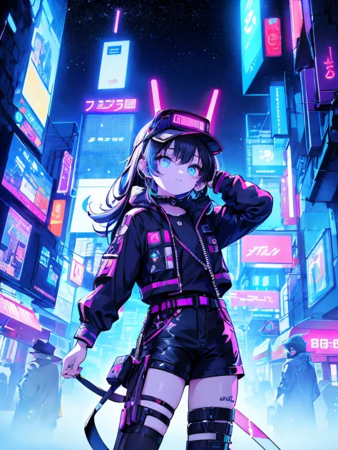 (top-quality)、((​masterpiece)、cyberpunk city of the future 、electronic visor attached to the face of a 12-year-old girl is looki...