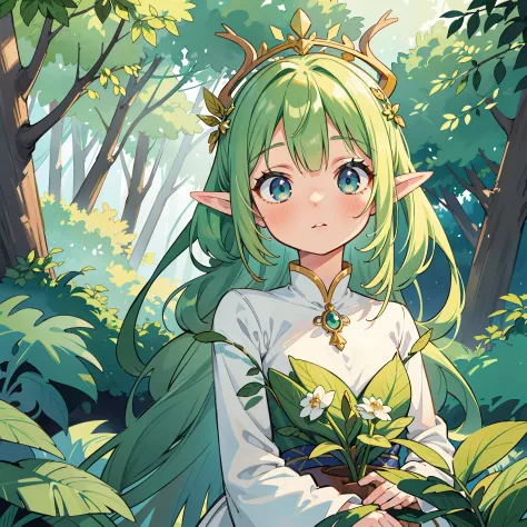 high high quality，masterpiece，Delicate facial features，Delicate hair，Delicate eyes，Delicate hair，animemanga girl，deer antlerlack color hair，florals, Dreamy style, Fantastic flower garden，fantasy style clothing,Romantic dress,  beautiful and elegant elf que...