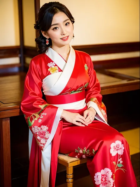 Arab Asian woman in red and white dress sitting on a chair, goddess of Japan, gorgeous chinese model, in a kimono, Beautiful Asi...