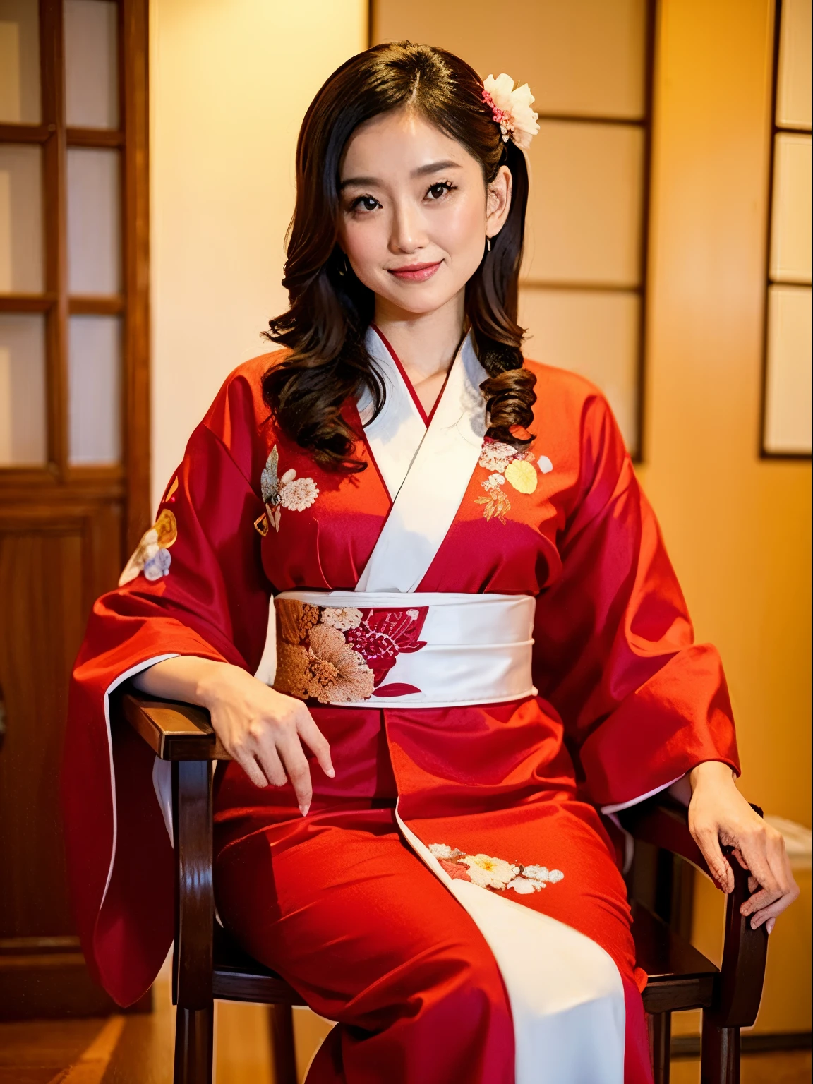 Femme asiatique arabe en robe rouge et blanche assise sur une chaise, déesse du Japon, magnifique modèle chinois, en kimono, Beautiful fille asiatique, Kimono rouge, femme japonaise élégante, Chinoise, Japonais, fille asiatique, geisha séduisante bio, en kimono, Japonais Models, geisha glamour et sexy, kimono rouge à motifs fleuris, belle femme orientale, Ayami