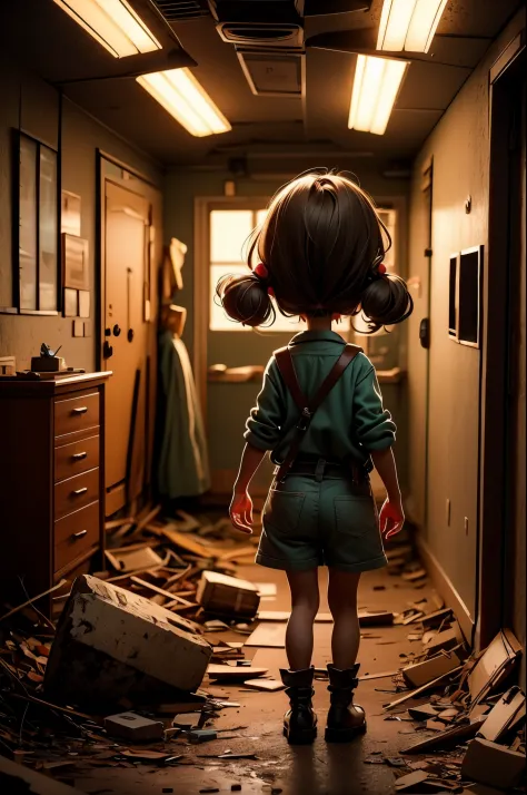 Girls exploring an abandoned hospital、Scared、Overall dark、flash lights、Taken from behind