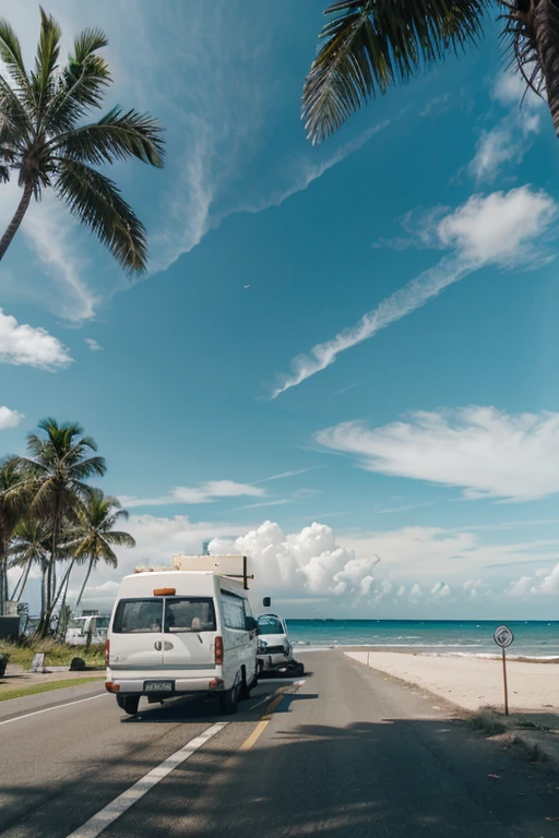 camping van is driving on the road beside beach there are palms and in background clouds and airplane