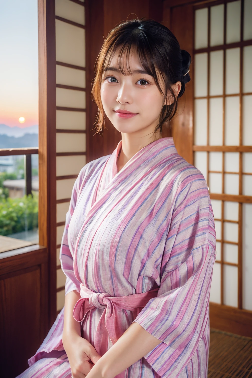 (natta:1.7), East Asian Architecture, 1womanl,Sitting on tatami mats, brunette color hair，（hair between eye）, Lip flap, ,Beautiful fingers,Beautiful long legs,Beauty Body，Cute nose，Beautiful character design，perfect  eyeace perfect，looking at viewert，（Innocent_Big_Eyes：1.0），（light_Smile：0.3），offcial art，Very detailed CG Unity 8K wallpaper，Perfect litthing，highly colorful，Bright_front_Face_Lighting，（tmasterpiece:1.0),(best_quality:1.0), 超A high resolution,4K,ultra - detailed, photography of, 8K, nffsw, hight resolution, absurderes:1.2, Kodak Portra 400, film grains, the background is blurred, Bokeh:1.2, Lens Flare Glow, ( Vibrant_Color:1.2) (Beautiful,Large_breasts:1.4), (Beautiful_Face:1.5),(narrow_waist-up),8K,Raw photo, 、Relax at a ryokan in Japan、The background is the open-air bath at night at a hot spring inn (Girls are not subjects:1.3) (Hair after a bath:1.3),(Hair is wet:1.3) ((Girls are not subjects:1.2))((Draw a wide night background:1.2),((Yukata with light blue stripes isolated on white background:1.3)),(Yukata does not need gloss at all:1.5)),((No need for a Korean yukata or Korean-style hairstyle.:1.5)),((Faithfully and realistically reproduce a pure Japan yukata:1.5))((Light Pink Band:1.3)),((The background is the entrance living room、At night, Overlooking the inn's large and beautiful gardens..:1.3)),((8th class))、((Light Pink Band:1.5)) ((Beautiful shiny straight short long:1.5)) sixteen years old、((Beautiful shiny straight short long:1.5))((Pink Band))、((The color of the band is pink:1.3),(Faithfully and realistically reproduce the obi of a yukata:1.3) ((Faithfully and realistically reproduce a pure Japan yukata:1.5)),((Walking through the corridors of the inn at night:1.3))a sense of depth、Night Hostel　There are small lights and flowers in the hallway. (When you open a window, You can see a beautiful sunset outside.:1.3) sixteen years old、((Beautiful shiny straight short long:1.5))