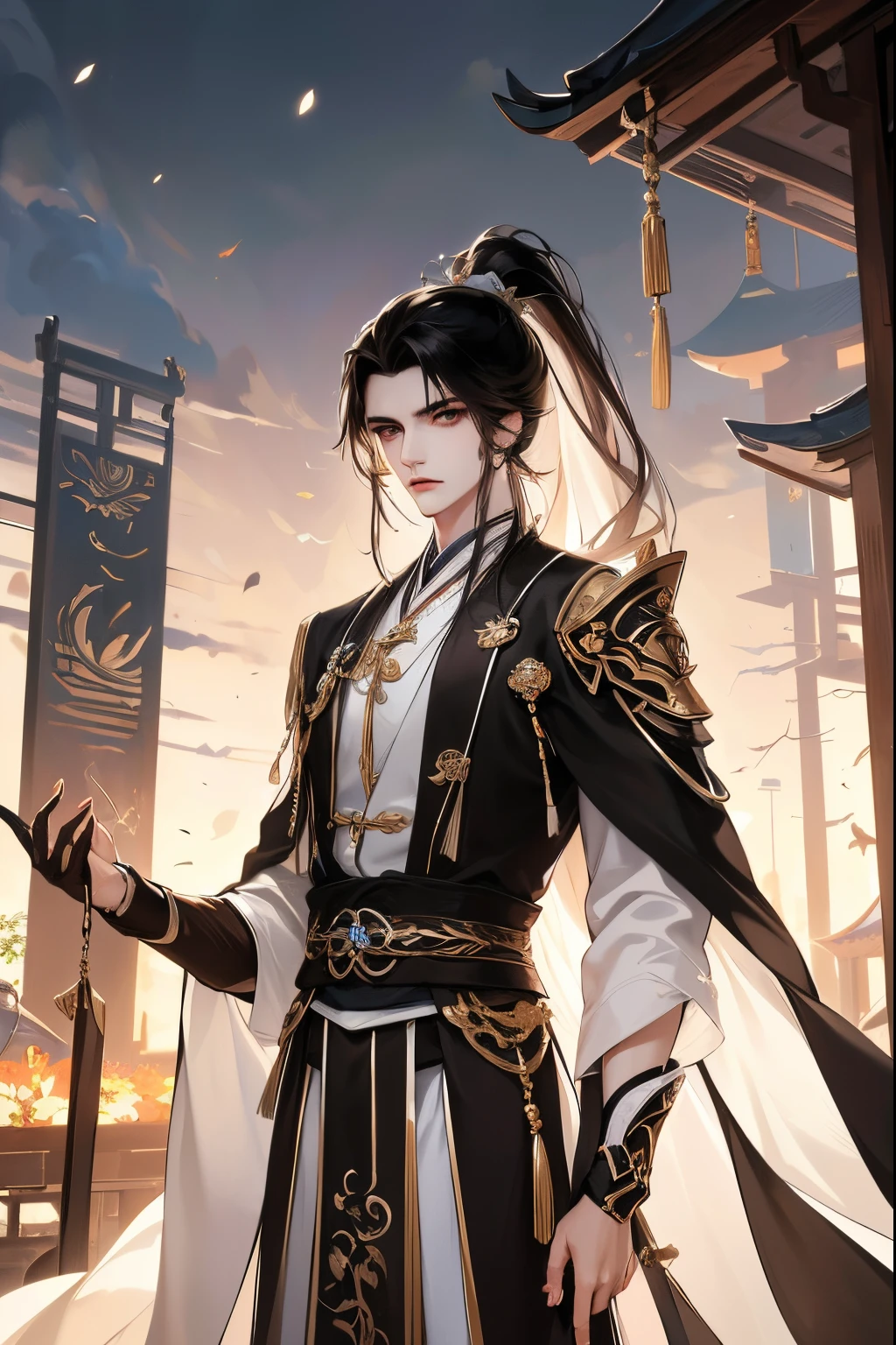 (Best quality at best,A high resolution,The image is clear，centered composition，Garden scene，:1.2),male people，the only person，Ultra detailed backgrounds,Beautiful man standing holding sword，Chinese-style clothes,battle garment，，natta，Garden scene,under moonlight,starrysky，Asian architecture，Romantic atmosphere,，Dutch Angle Shot,gentlesoftlighting,portrait of upper body，Noble prince，Eye focus，a sharp gaze，